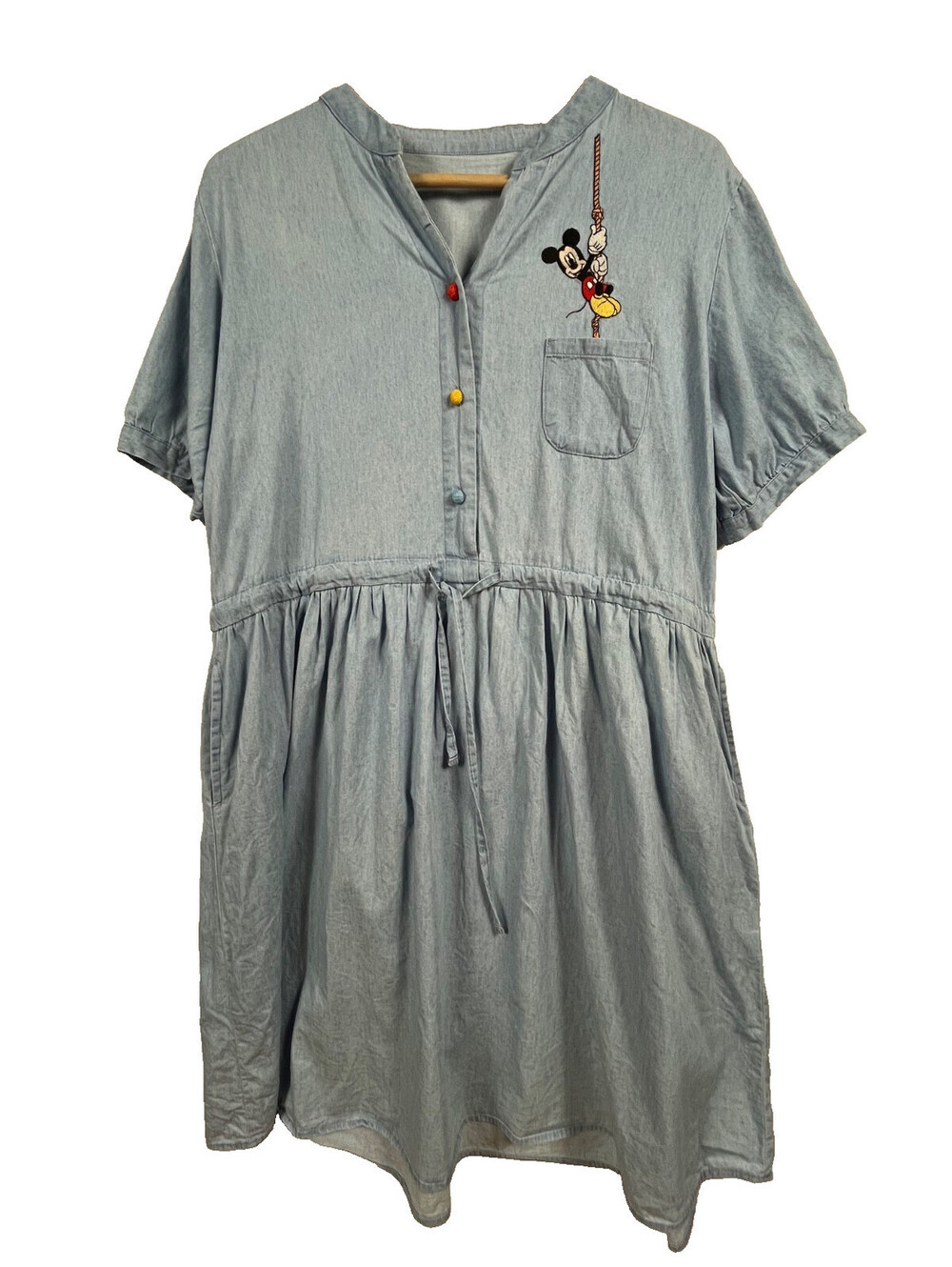 Disney Mickey Mouse Goofy Embroidered Chambray Dress Cotton Linen L Pockets